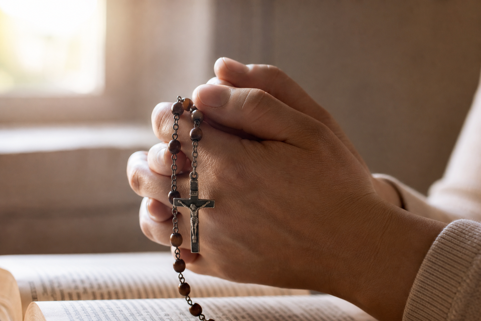 Mãos em oração segurando o terço